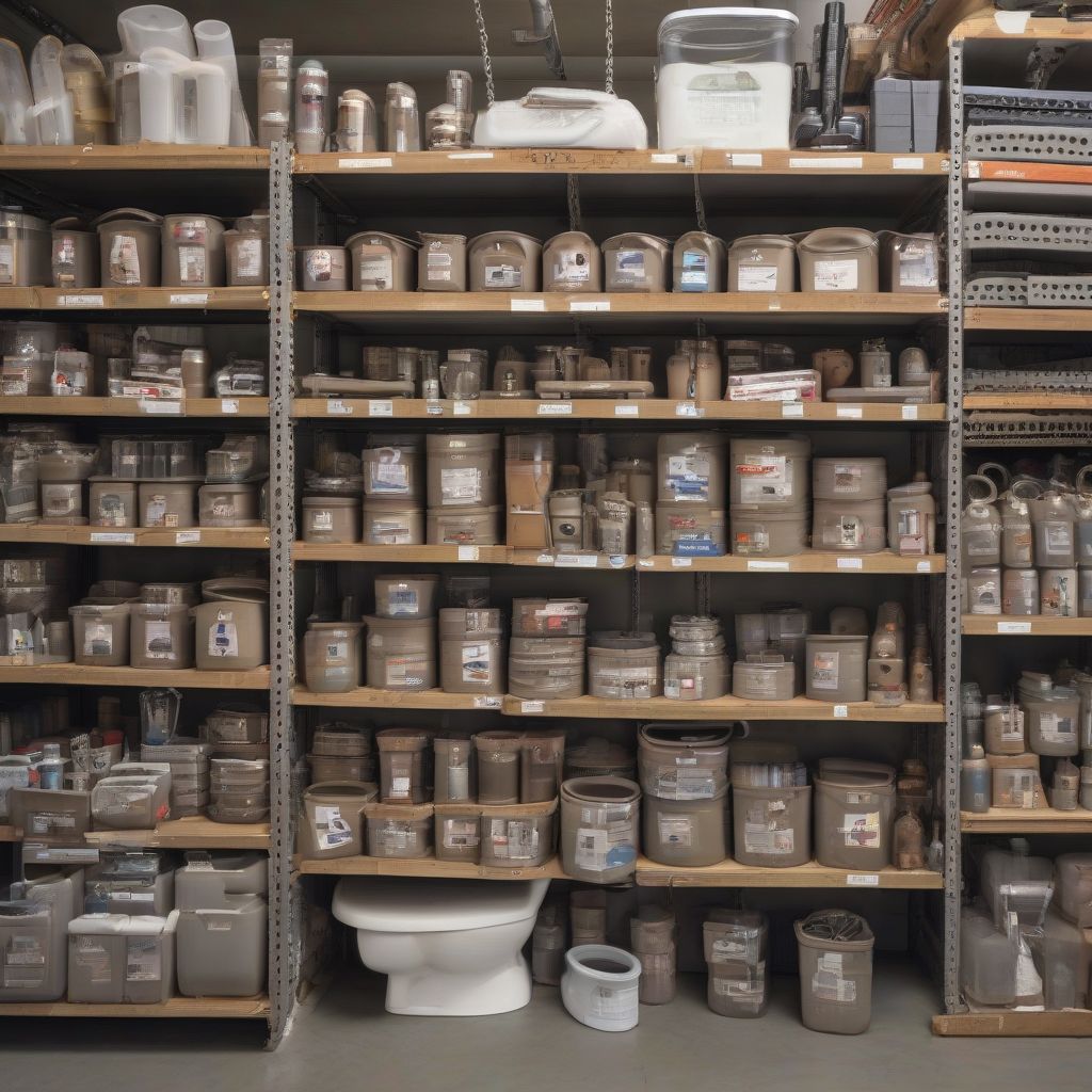 A variety of plumbing supplies, including toilet chains, flappers, and plungers, neatly organized on shelves in a warehouse setting